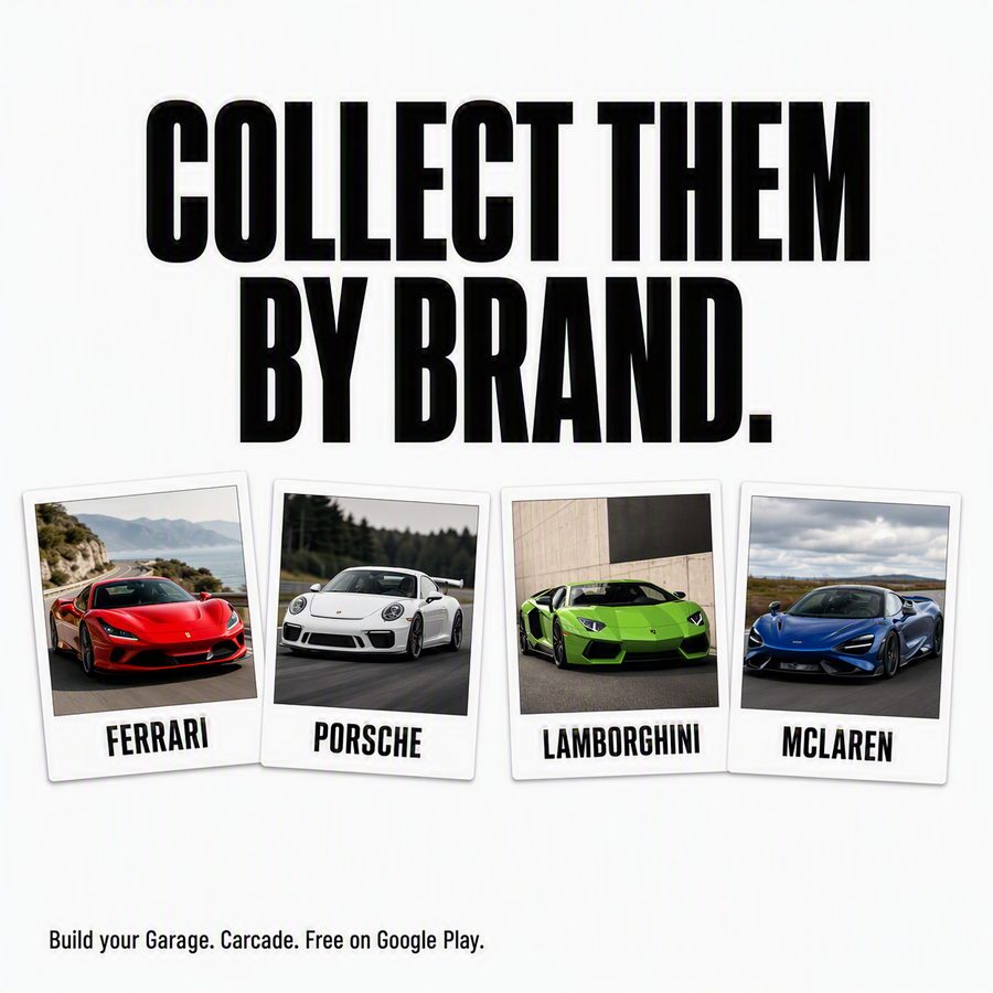 Polaroids of Ferrari, Porsche, Lamborghini and McLaren under the headline Collect them by brand