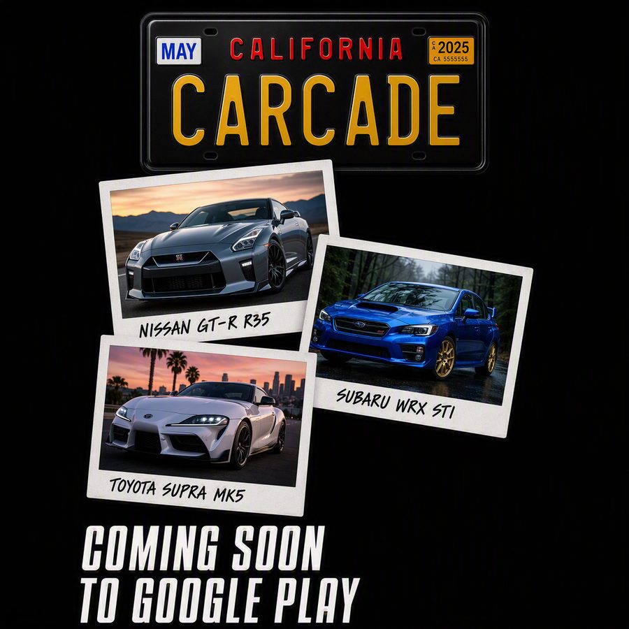 A Carcade plate above polaroids of a Nissan GT-R, Subaru WRX STI and Toyota Supra, with the words Coming soon to Google Play