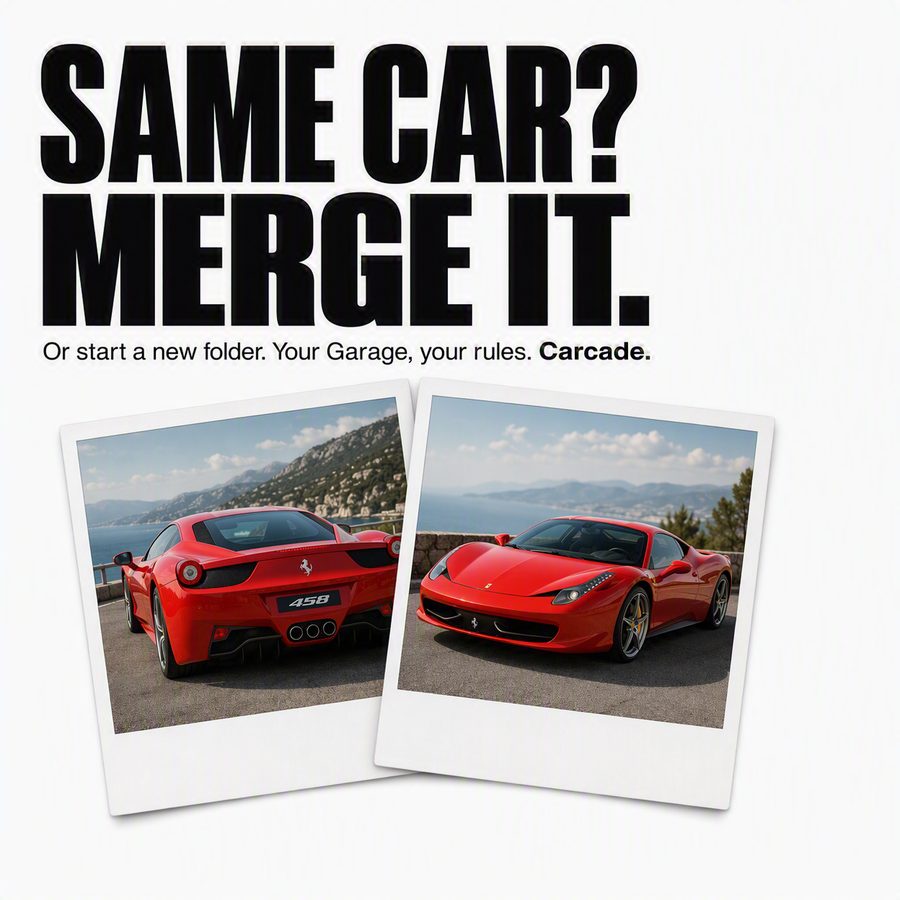 Two Ferrari 458 polaroids under the headline Same car? Merge it.