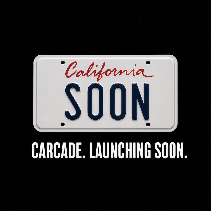 A California license plate reading SOON above the words Carcade. Launching soon.