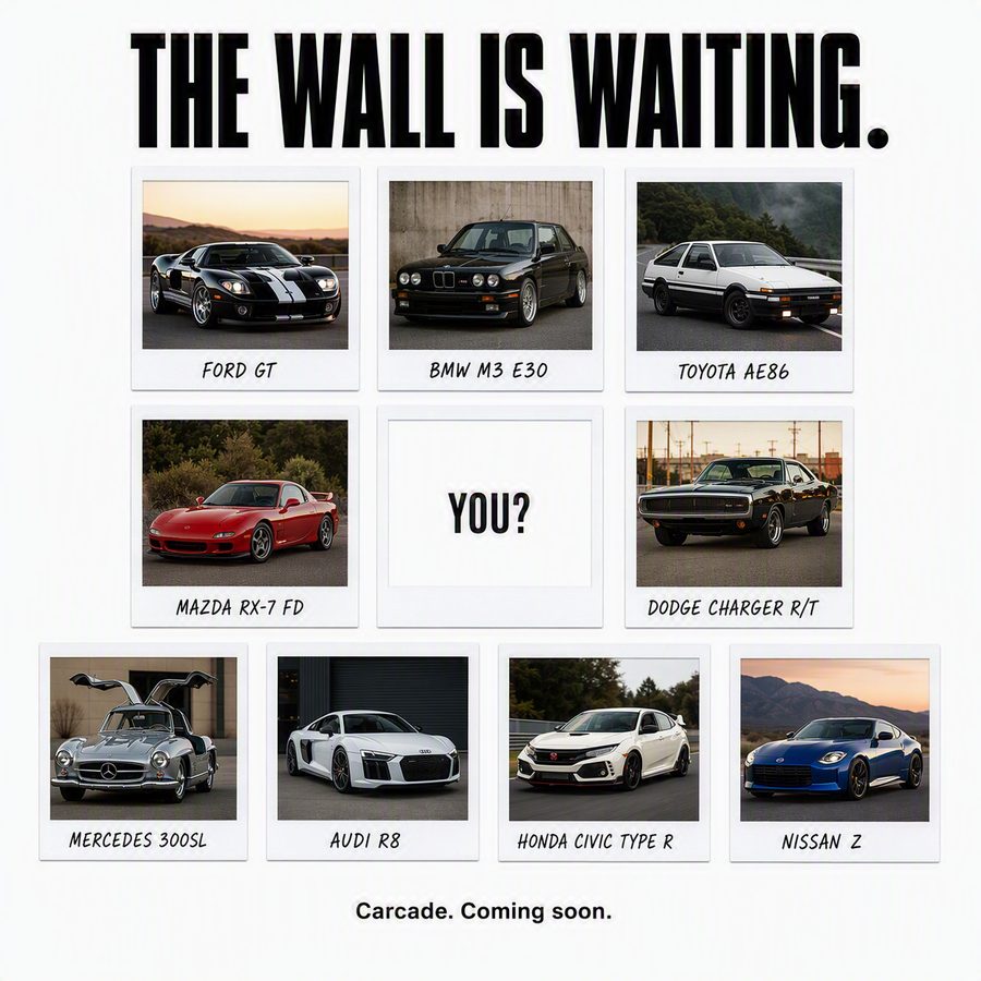 A wall of nine car polaroids with one blank polaroid reading YOU?