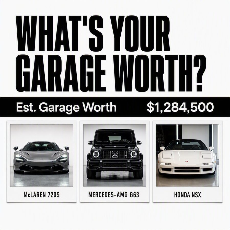 An Est. Garage Worth bar above three car polaroids